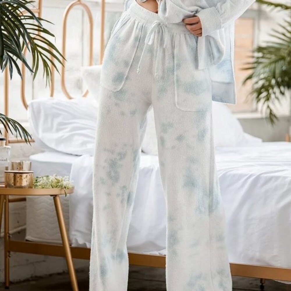Lulu's Choosing Chill Blue Tie-Dye Drawstring Wide Leg Pants Size L NWT